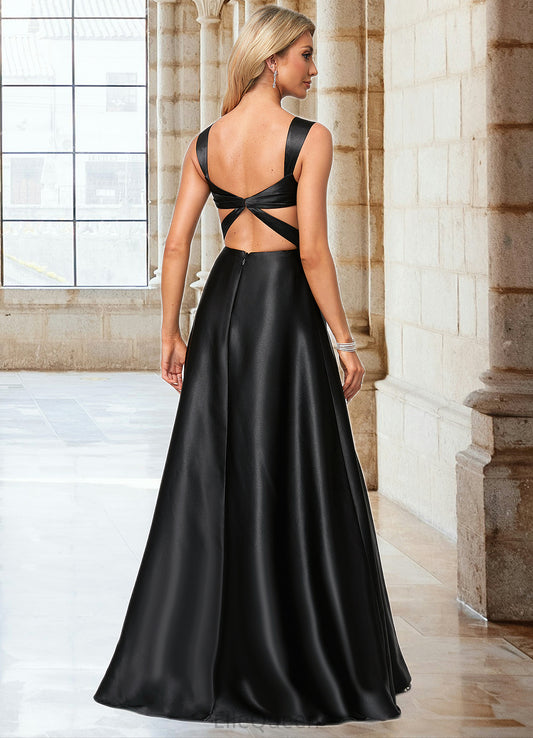 Aracely A-line V-Neck Floor-Length Stretch Satin Bridesmaid Dress With Bow DGP0022615