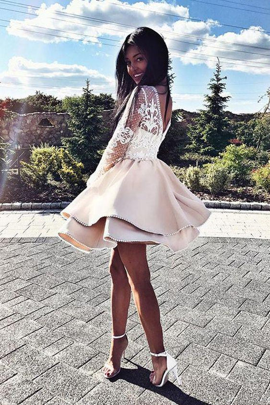 Cute Round Neck White Satin Lace A Line Harmony Homecoming Dresses Long Sleeves Champagne Short Quinceanera Dresses Short Party Dresses DG150