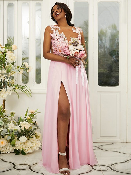Scoop A-Line/Princess Sleeveless Chiffon Applique Floor-Length Bridesmaid Dresses