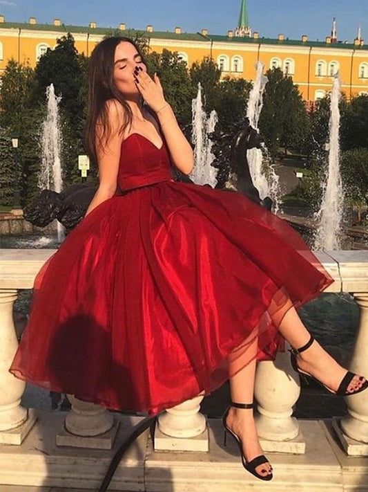 Sweetheart Organza Ruffles A-Line/Princess Sleeveless Tea-Length Homecoming Dresses