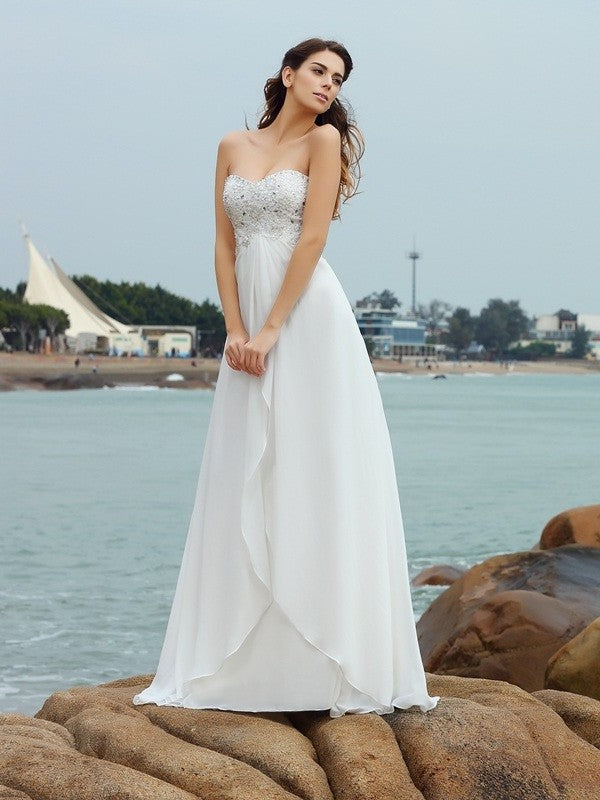 Sweetheart Beading Chiffon A-Line/Princess Long Sleeveless Beach Wedding Dresses