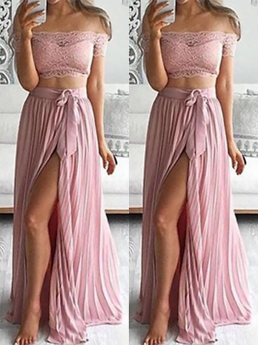 Floor-Length Chiffon A-Line/Princess Off-the-Shoulder Sleeveless Lace Two Piece Dresses