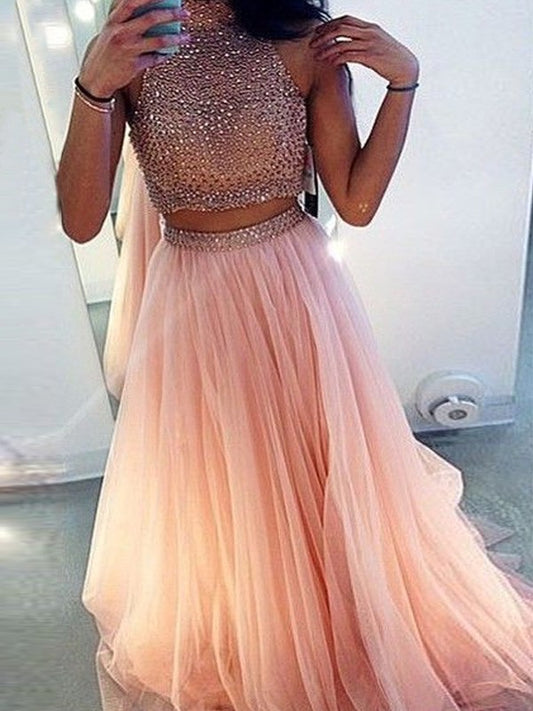 Tulle A-Line/Princess Train High Beading Sweep/Brush Neck Sleeveless Two Piece Dresses