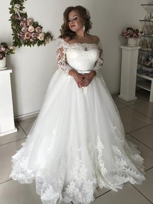 Long Lace A-Line/Princess Sweep/Brush Off-the-Shoulder Sleeves Train Tulle Wedding Dresses