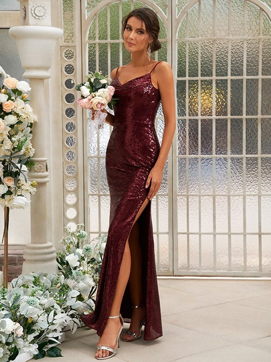 Sequins Straps Sleeveless Ruched Sheath/Column Spaghetti Floor-Length Bridesmaid Dresses