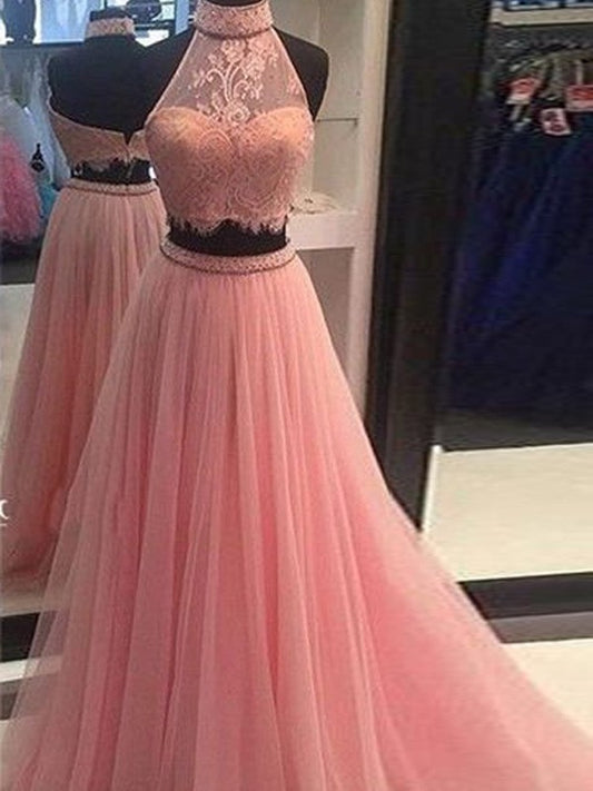 High A-Line/Princess Neck Lace Floor-Length Tulle Sleeveless Two Piece Dresses