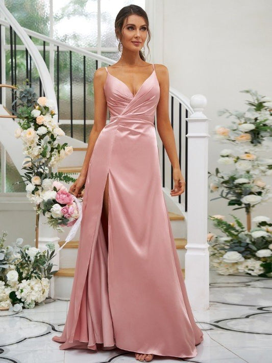 V-neck A-Line/Princess Silk Sleeveless like Satin Ruched Floor-Length Bridesmaid Dresses