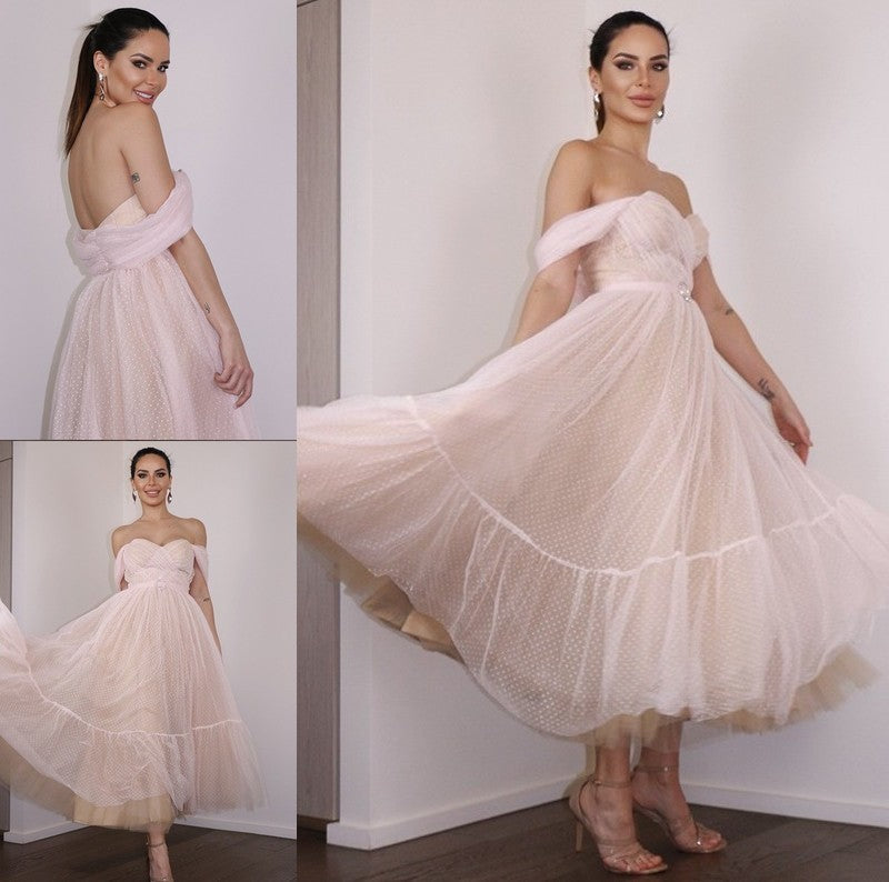 Lace Off-the-Shoulder A-Line/Princess Ruched Sleeveless Tea-Length Homecoming Dresses