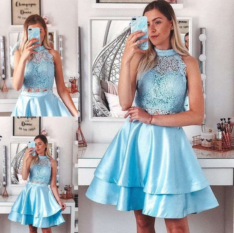 A-Line/Princess Halter Sleeveless Short/Mini Two Satin Lace Piece Homecoming Dresses