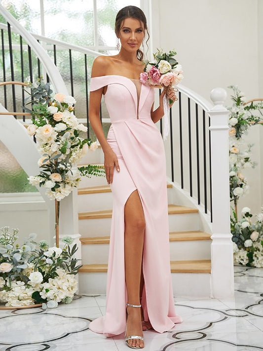 Sweep/Brush Crepe Sleeveless Sheath/Column Off-the-Shoulder Ruched Stretch Train Bridesmaid Dresses