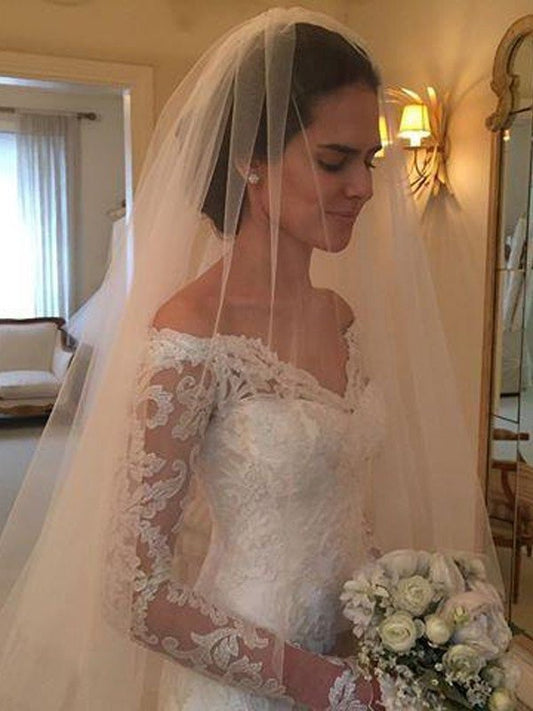 Court Long Sleeves Sheath/Column Off-the-Shoulder Lace Train Wedding Dresses