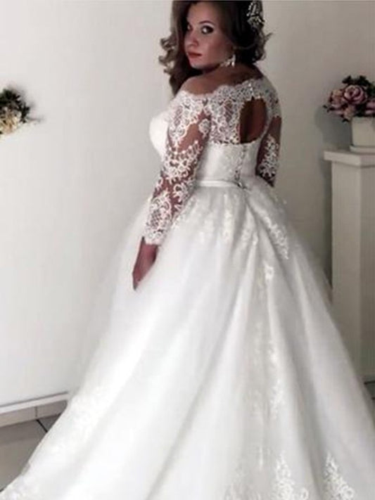Long Lace A-Line/Princess Sweep/Brush Off-the-Shoulder Sleeves Train Tulle Wedding Dresses