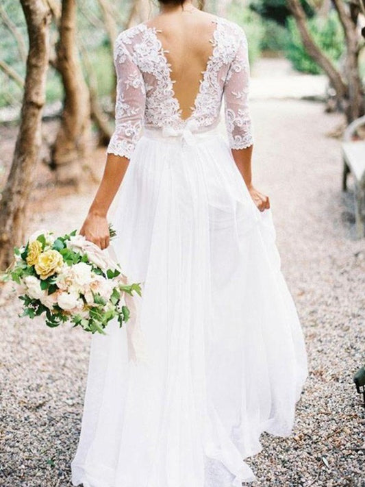 1/2 A-Line/Princess Lace Applique V-neck Floor-Length Sleeves Chiffon Wedding Dresses