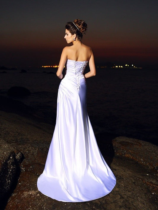 Elastic Sweetheart Long Trumpet/Mermaid Sleeveless Satin Woven Beach Wedding Dresses