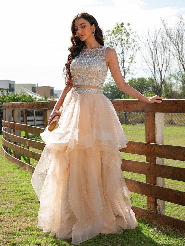 Sleeveless Tulle A-Line/Princess Floor-Length Scoop Beading Two Piece Dresses