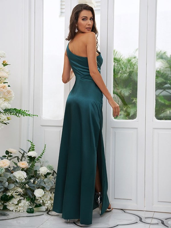 One-Shoulder Woven Sleeveless Elastic Sheath/Column Ruched Satin Floor-Length Bridesmaid Dresses