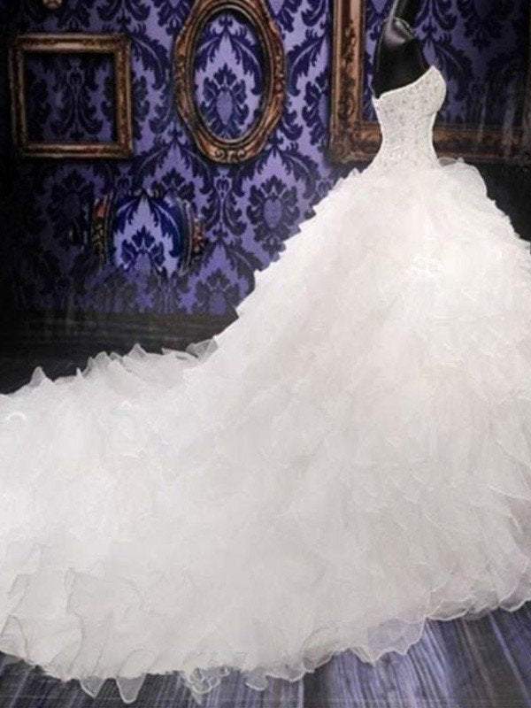 Train Sweetheart Gown Beading Chapel Sequin Ball Sleeveless Organza Wedding Dresses