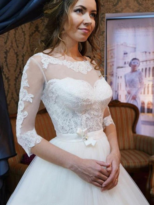 1/2 Ball Gown Scoop Tulle Applique Sleeves Floor-Length Wedding Dresses