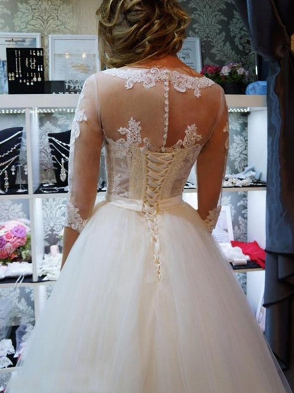 1/2 Ball Gown Scoop Tulle Applique Sleeves Floor-Length Wedding Dresses