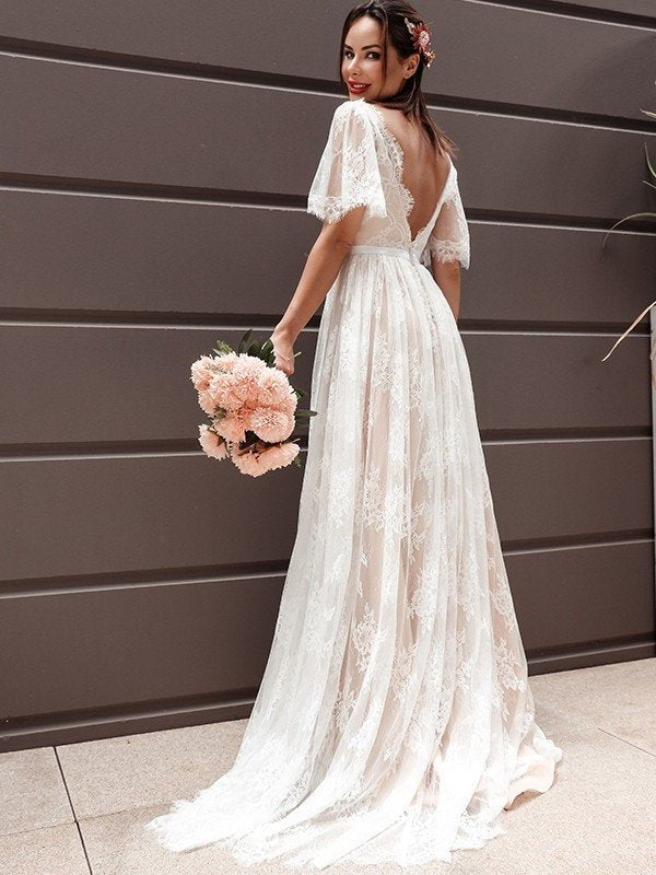 V-neck Sash/Ribbon/Belt Lace Short A-Line/Princess Sleeves Sweep/Brush Train Wedding Dresses