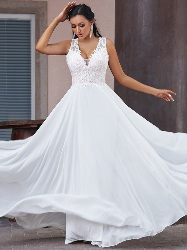 Chiffon V-neck Sweep/Brush Lace Sleeveless A-Line/Princess Train Wedding Dresses
