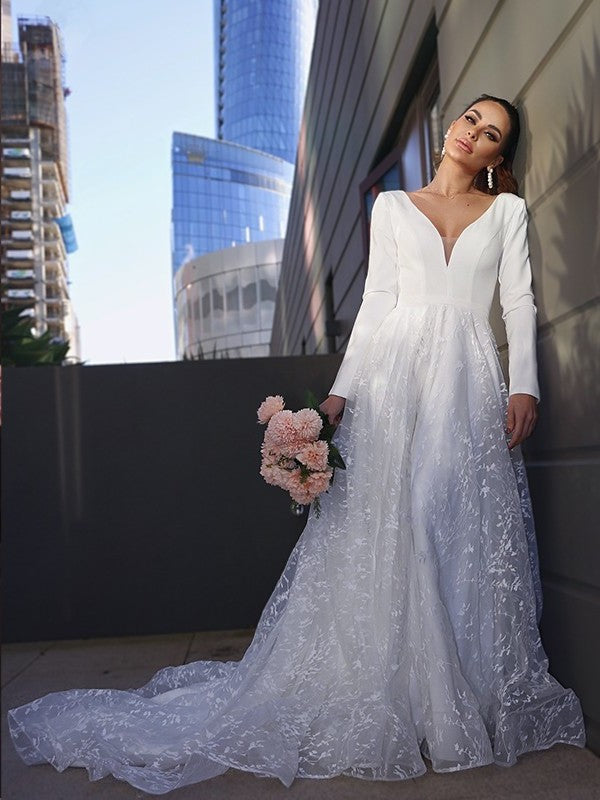 Long Applique Sleeves V-neck Lace A-Line/Princess Sweep/Brush Train Wedding Dresses