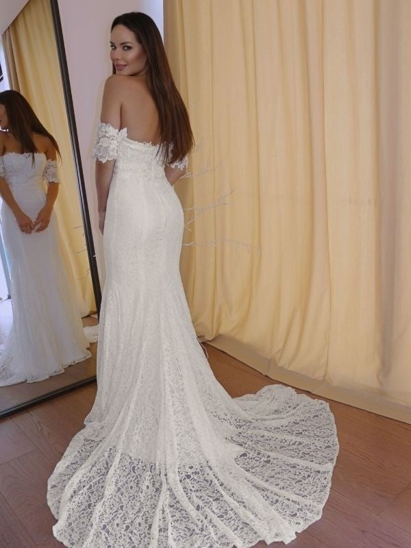 Short Court Trumpet/Mermaid Sleeves Applique Lace Off-the-Shoulder Train Wedding Dresses