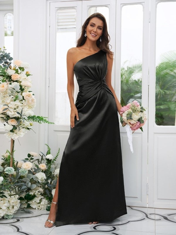 One-Shoulder Woven Sleeveless Elastic Sheath/Column Ruched Satin Floor-Length Bridesmaid Dresses