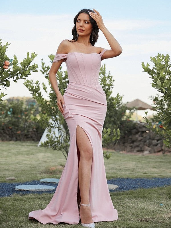Sweep/Brush Sleeveless Off-the-Shoulder Sheath/Column Stretch Ruched Crepe Train Bridesmaid Dresses