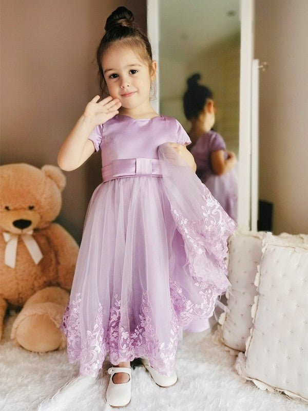Ankle-Length A-Line/Princess Short Lace Sleeves Tulle Scoop Flower Girl Dresses