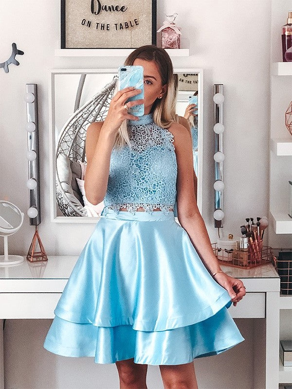 A-Line/Princess Halter Sleeveless Short/Mini Two Satin Lace Piece Homecoming Dresses