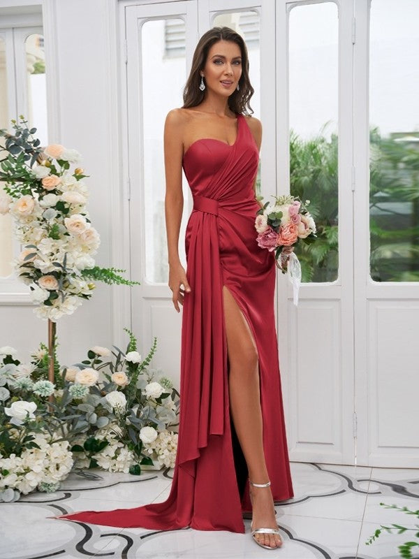 Ruched Sheath/Column Charmeuse Sleeveless One-Shoulder Floor-Length Bridesmaid Dresses