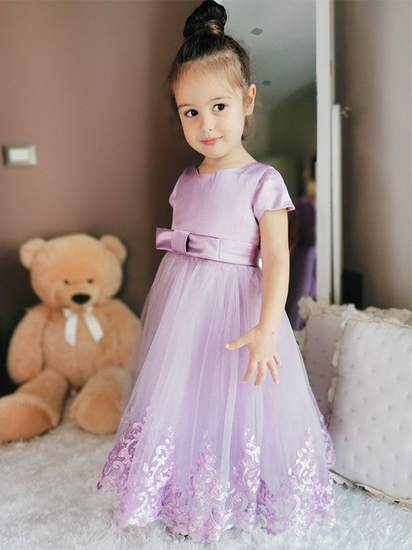 Ankle-Length A-Line/Princess Short Lace Sleeves Tulle Scoop Flower Girl Dresses