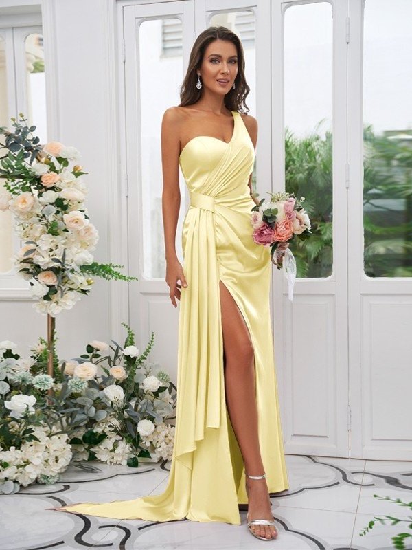 Ruched Sheath/Column Charmeuse Sleeveless One-Shoulder Floor-Length Bridesmaid Dresses