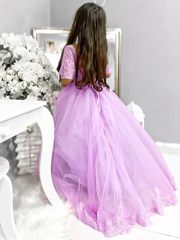 Tulle 1/2 Off-the-Shoulder Ball Train Sleeves Lace Sweep/Brush Gown Flower Girl Dresses
