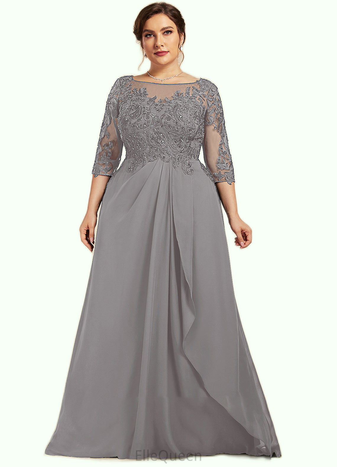 Gwendoline A-Line Scoop Neck Floor-Length Chiffon Lace Mother of the Bride Dress With Beading Sequins Cascading Ruffles DG126P0014529