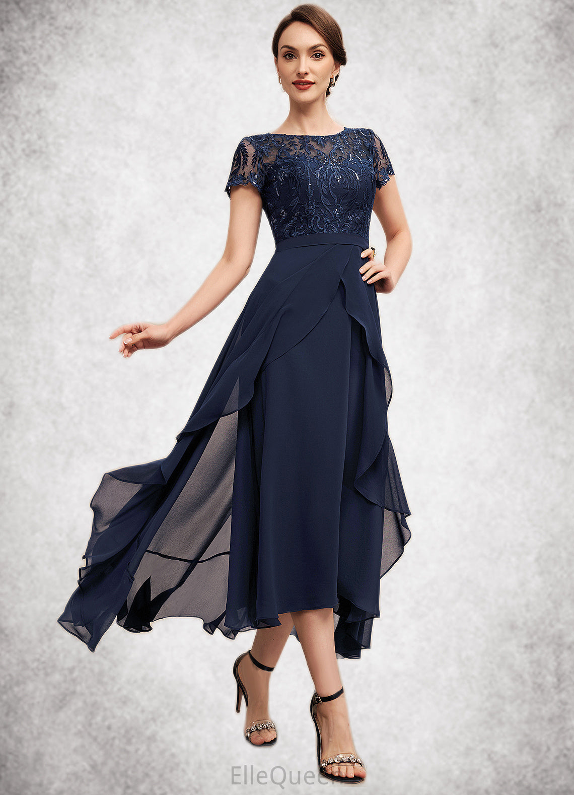 Amari A-Line Scoop Neck Asymmetrical Chiffon Lace Mother of the Bride Dress With Sequins Bow(s) Cascading Ruffles DG126P0014530