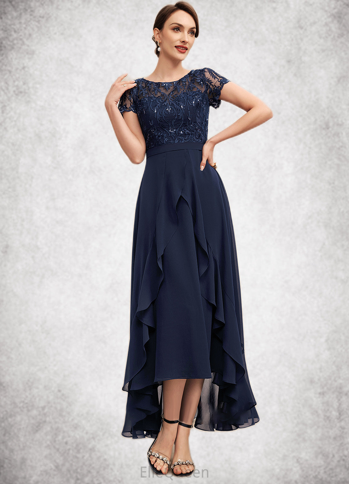 Amari A-Line Scoop Neck Asymmetrical Chiffon Lace Mother of the Bride Dress With Sequins Bow(s) Cascading Ruffles DG126P0014530