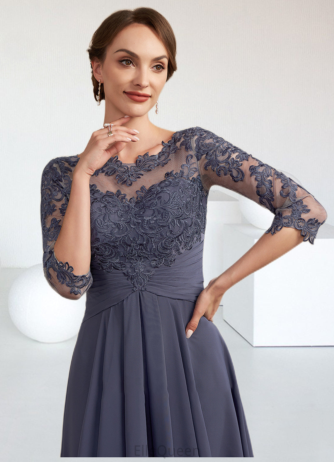 Toni A-Line Scoop Neck Asymmetrical Chiffon Lace Mother of the Bride Dress With Ruffle DG126P0014531