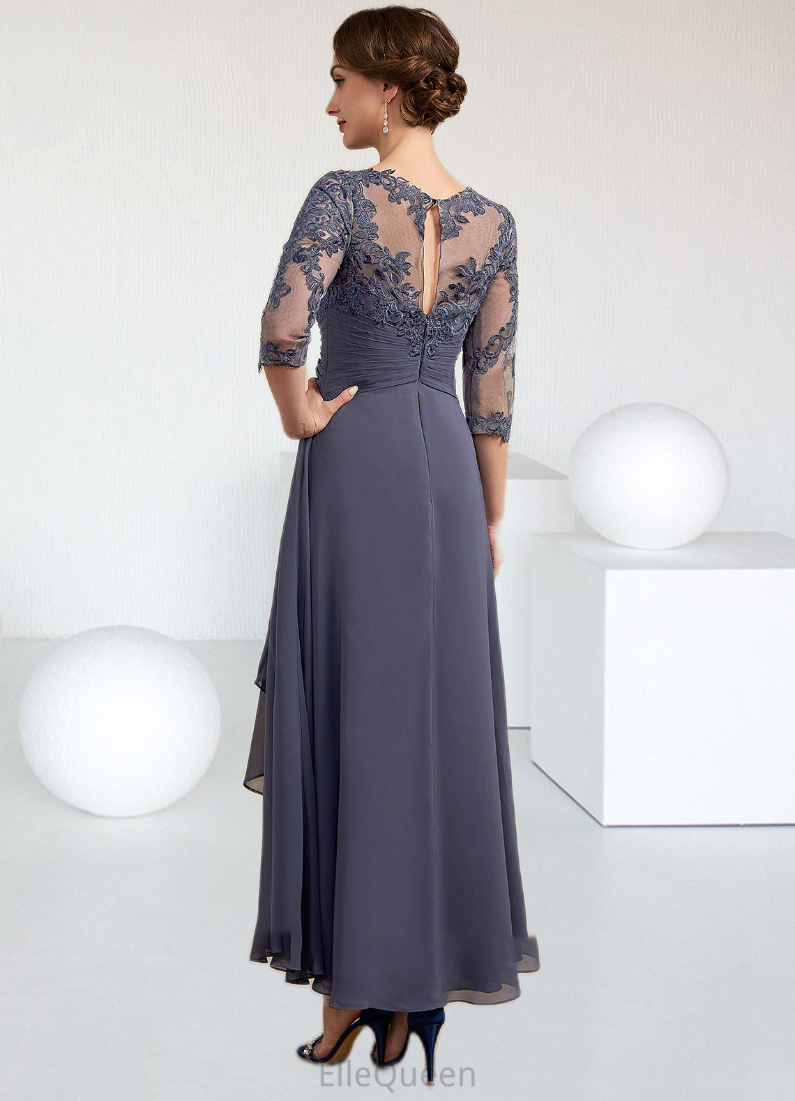 Toni A-Line Scoop Neck Asymmetrical Chiffon Lace Mother of the Bride Dress With Ruffle DG126P0014531