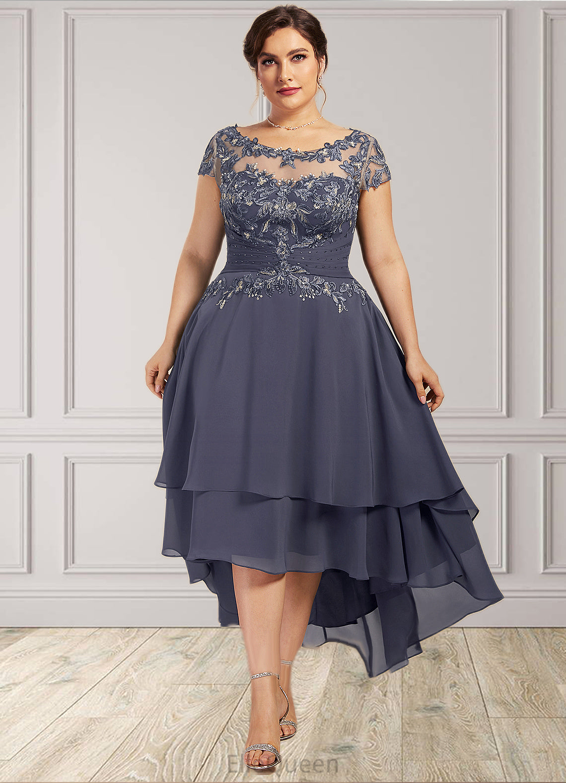 Destinee A-Line Scoop Neck Asymmetrical Chiffon Lace Mother of the Bride Dress With Beading DG126P0014534