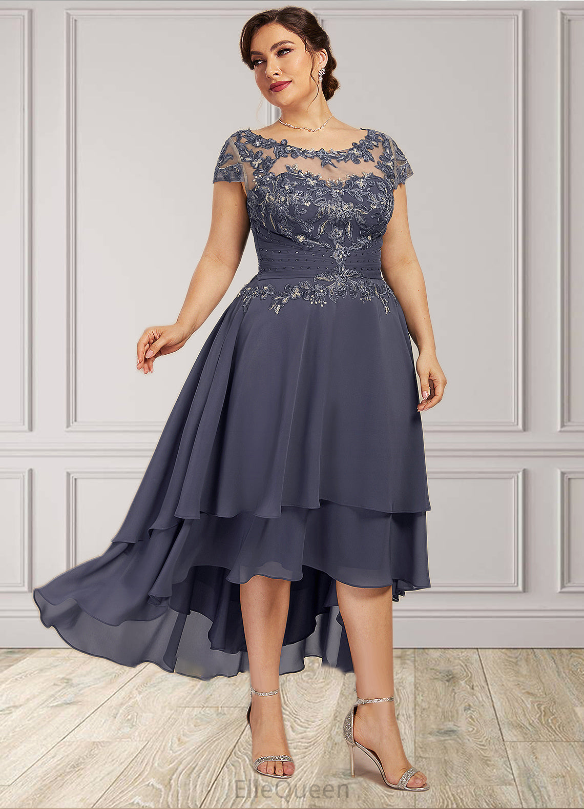 Destinee A-Line Scoop Neck Asymmetrical Chiffon Lace Mother of the Bride Dress With Beading DG126P0014534