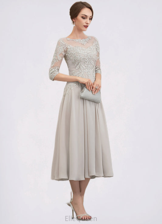 Riley A-Line Scoop Neck Tea-Length Chiffon Lace Mother of the Bride Dress With Beading Sequins DG126P0014535