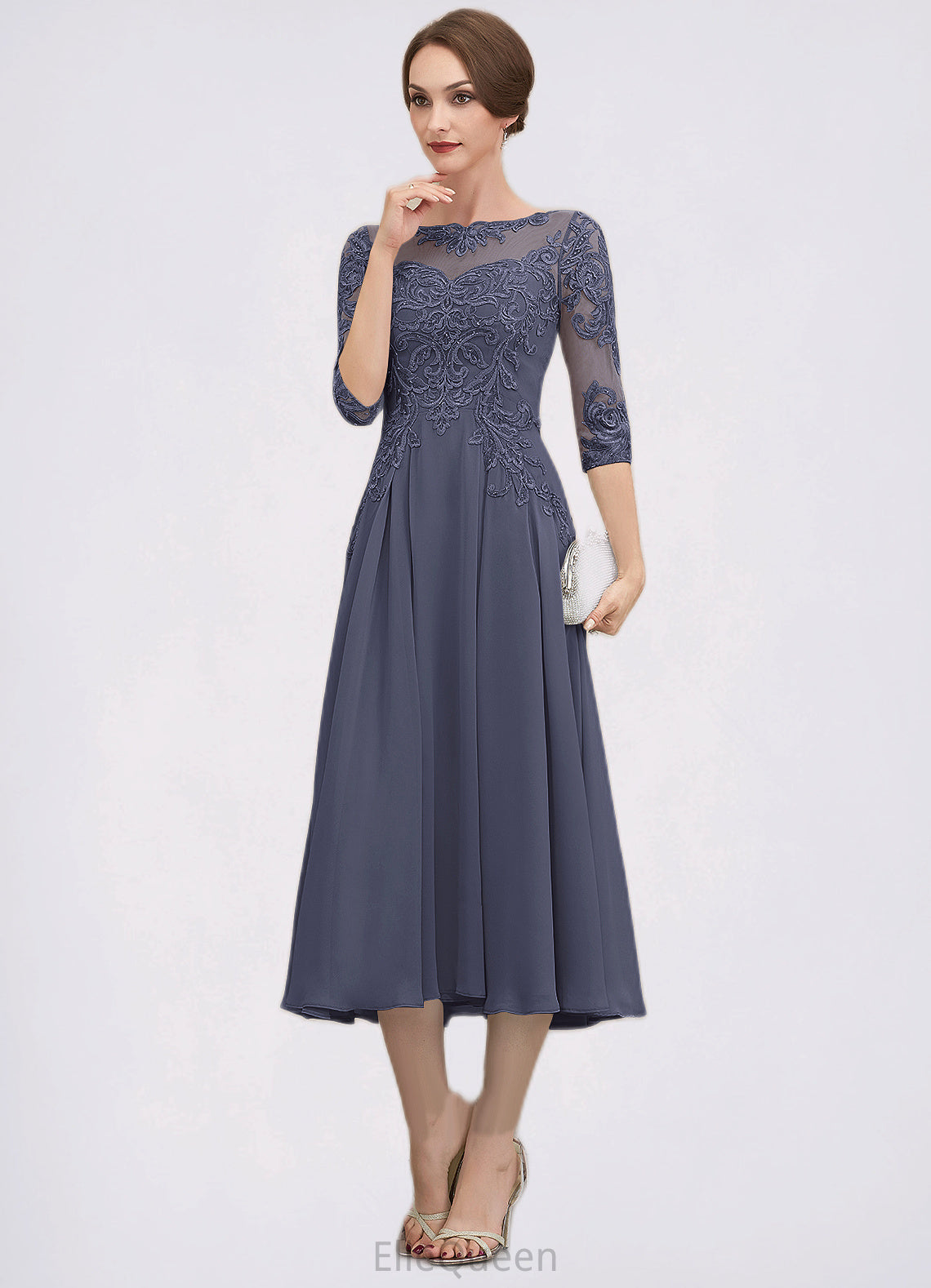 Riley A-Line Scoop Neck Tea-Length Chiffon Lace Mother of the Bride Dress With Beading Sequins DG126P0014535