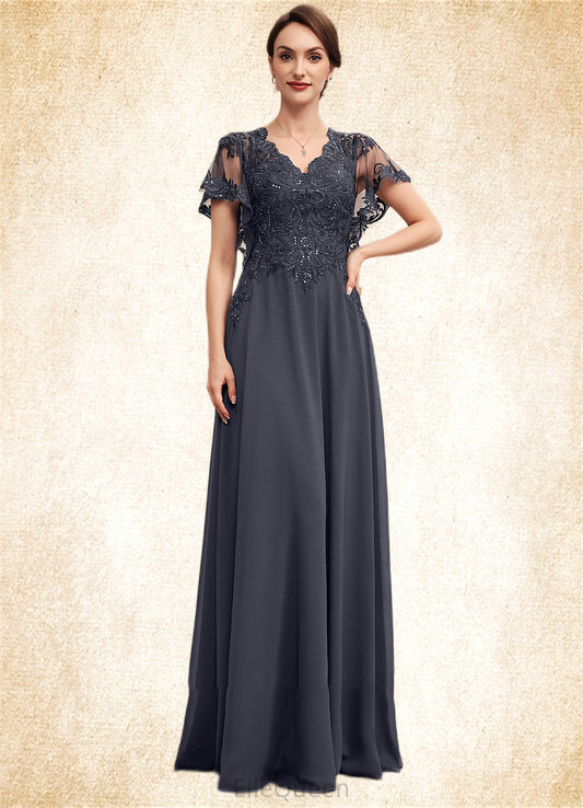Audrina A-line V-Neck Floor-Length Chiffon Lace Mother of the Bride Dress With Sequins DG126P0014542