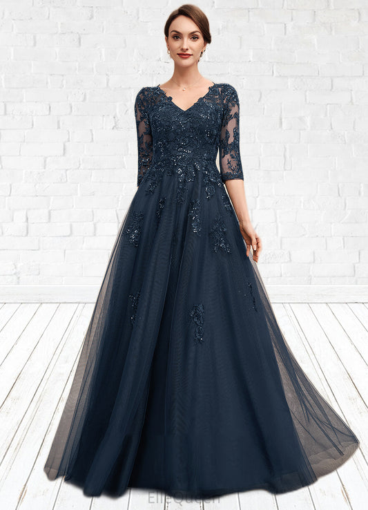 Kamari A-Line V-neck Floor-Length Tulle Lace Mother of the Bride Dress With Sequins DG126P0014543