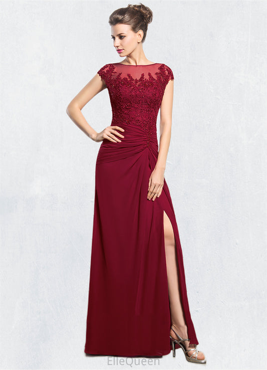 Brooklyn Sheath/Column Scoop Neck Floor-Length Chiffon Mother of the Bride Dress With Ruffle Beading Appliques Lace Sequins Split Front DG126P0014549