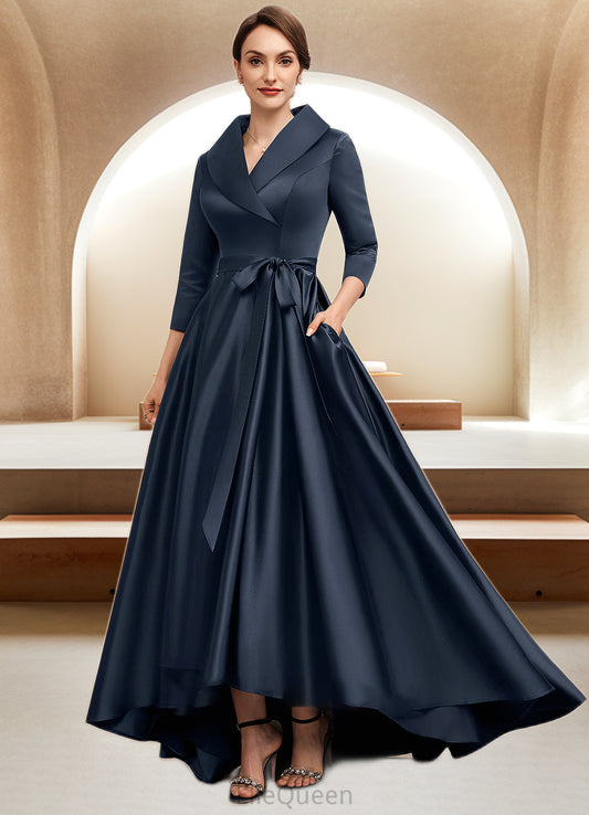 Martina A-Line V-neck Asymmetrical Satin Mother of the Bride Dress With Bow(s) Pockets DG126P0014553