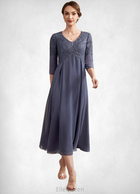 Shayna A-line V-Neck Tea-Length Chiffon Lace Mother of the Bride Dress With Beading DG126P0014554