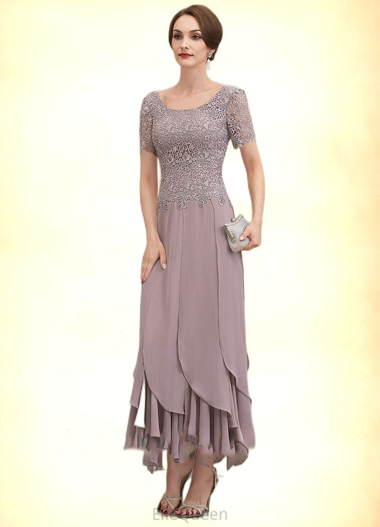 Everly A-Line Scoop Neck Ankle-Length Chiffon Lace Mother of the Bride Dress With Cascading Ruffles DG126P0014555